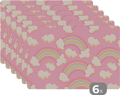 Placemat - Placemats kunststof - Regenboog - Wolken - Patronen - 45x30 cm - 6 stuks - Hittebestendig - Anti-Slip - Onderlegger - Afneembaar