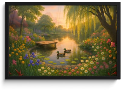 Poster in lijst - Fotolijst 60x40 cm - Posters - Eenden - Vijver - Bloemen - Posterlijst zwart - Decoratie - Wanddecoratie woonkamer - Muurdecoratie slaapkamer