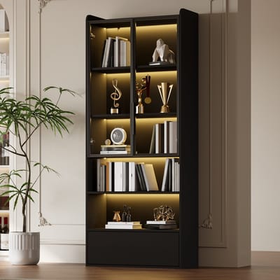 Clruro Vitrinekast - 80 x 34 x 180 cm - met LED en app-bediening - MDF + Glas - Zwart