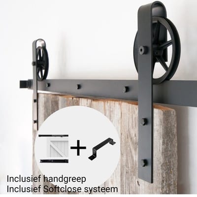 Barnwood Originals Schuifdeursysteem Spaakwiel - Schuifdeurbeslag - Complete set inclusief Softclose Systeem en Deurgreep - 200 cm rail