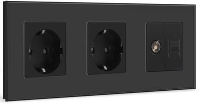 Schuko Wandcontactdoos met TV en Ethernet Aansluiting - Zwart Glas Paneel