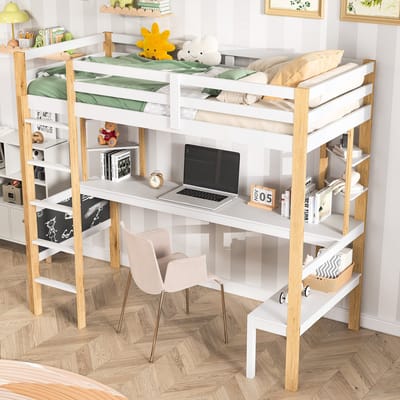 Hoogslaper 90x200 cm wit/houtkleur met bureau, stoel, krijtbord en opbergruimte, ruimtebesparend kinderbed