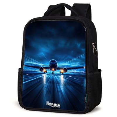 NoBoringSuitcases.com® - Rugzak zwart - Schooltas jongen & meisje - Vliegtuig opstartend in futuristisch nachtlandschap - Rugtas voor school - Boekentas kind - Schoolrugzak - Kinderrugzak