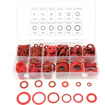 600 stuks 12 maten Rood Staal Papiervezel Platte Ringen Kit Isolatie Ring Assortiment Set met Doos