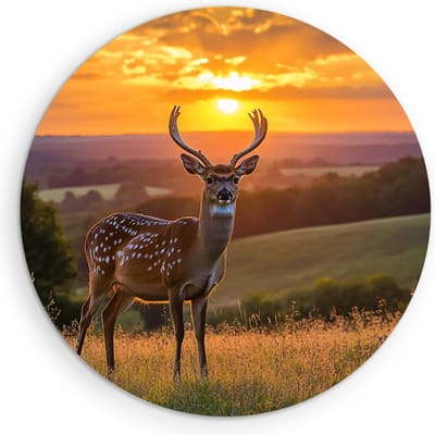 Saammp Muurcirkel Hout - Hert in zonsopgang tussen de heuvels - Natuur - Dieren - Ø 90 - Wandcirkel - Wanddecoratie Cirkel - Muurdecoratie Woonkamer - Slaapkamer decoratie - Rond Schilderij