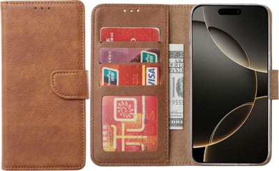 Hoesje Geschikt voor iPhone 16 Pro – Arara bookcase met pasjeshouder - Bruin