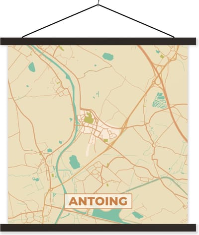 Posterhanger incl. Poster 60x60 cm - Schoolplaat - Kaart - Antoing - Plattegrond - Stadskaart - Vintage - Textielposter - Zwarte latten - Stadskaart