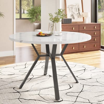DESMIU Eettafel - Ronde Tafel Met Marmerlook En Stevig Onderstel - Voor Eetkamer En Woonkamer - MDF En Staal - 100x100x75 Cm - Zwart Wit