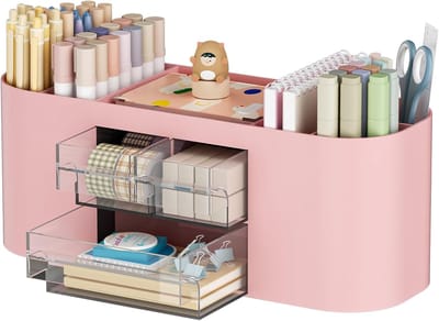 Roze Bureau Organizer met 3 Laden en 7 Vakken – Pennenhouder, Bureauopruimer en Opbergbox voor Schoolspullen, Make-up en Kantoorbenodigdheden