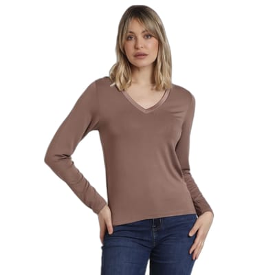 Satijnen T-shirt met lange mouwen en V-hals voor vrouwen Admas