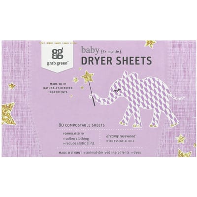 Grab Green, Lingettes pour sèche-linge, Bébé, 5+ Mois, Bois de rose rêveur et Huiles essentielles, 80 Lingettes biodégradables