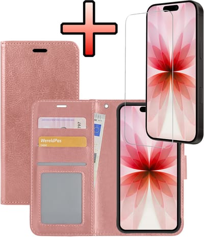 Hoesje - Met Screenprotector - Geschikt voor Apple iPhone 17 - Luxe Pasjeshouder - Bookcase Portemonee - Flip Case - Kunstleer Book Case - Flipcase - Book Cover - Walletcase - Portemonneehoes - Rosé goud