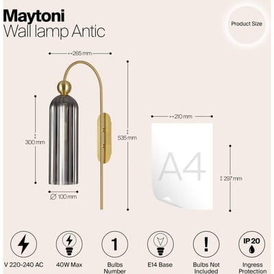 Maytoni Antic wandlamp, glazen kap in grijs