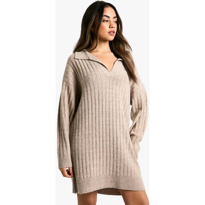 boohoo Dames Kraagdetail Gezellige Gebreide Jumperjurk | Camel | Maat: Small