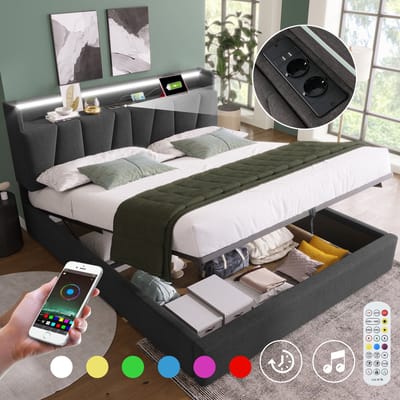 Gepolsterd tweepersoonsbed met oplaadbare USB-oplader, opbergruimte hoofdeinde en LED-verlichting, tweepersoonsbed 140x200 cm opbergbedden bedframe, houten lattenbodem, grijs (zonder matras)