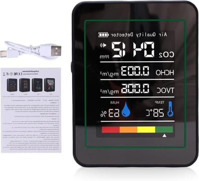 Fafeicy 5 in 1 HCHO TVOC CO2-detector, Draagbare Omgevingsmonitor met Groot Display, Luchtkwaliteitsmeter voor Binnen en Buiten voor Thuiskantoorkinderen (MT05 Zwart)