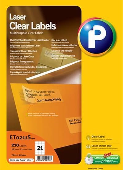 Printec semi transparante etiketten - Laser printer - 10 vel - 70x42.4mm - 21 labels per A4 - 210 doorzichtige stickers