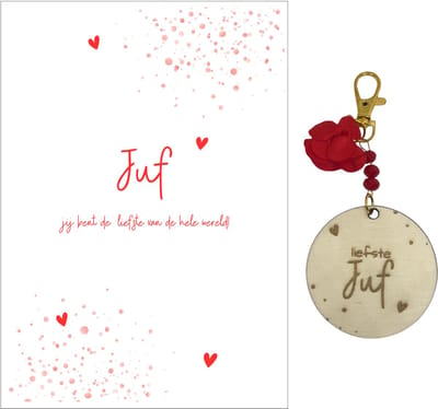 Sleutelhanger en kaartje JUF | rood | hartjes | jij bent de liefste | liefste juf | topjuf | einde schooljaar | cadeau
