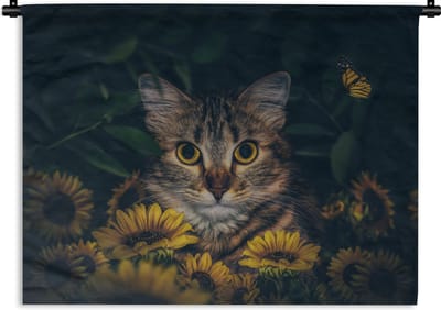 Wandkleed - Wanddoek - Kat - Geel - Bloemen - Botanisch - 120x90 cm - Wandtapijt