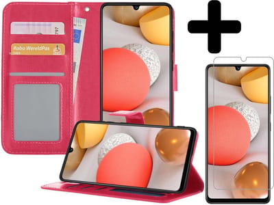Hoesje - Met Screenprotector - Geschikt voor Samsung Galaxy A42 - Luxe Pasjeshouder - Bookcase Portemonee - Flip Case - Kunstleer Book Case - Flipcase - Book Cover - Walletcase - Portemonneehoes - Telefoonhoesjes - Donkerroze
