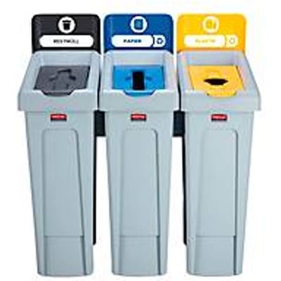 Rubbermaid-recyclingstation Slim Jim, voor papier, kunststof en restafval, 3 x 87 l, B 914 x D 546 x H 1022 mm, met klemgrepen