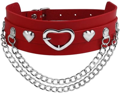 Allecto - Zwarte PU-leren halsband - Gothic Choker - Verstelbaar - Dubbele Ketting - Hart Design - Damesaccessoire - 46 cm