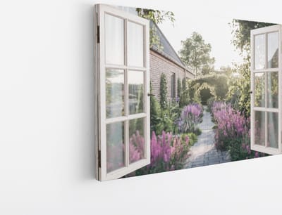 Saammp Canvas Schilderij - bloementuin met huis - Natuur - Doorkijk - 45x30 - Foto op canvas - Wanddecoratie - Muurdecoratie Woonkamer - Slaapkamer decoratie - Canvas Print
