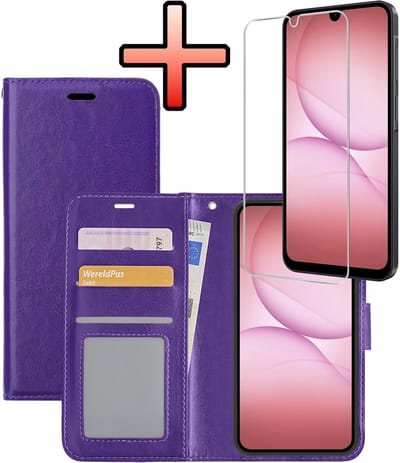 Hoesje - Met Screenprotector - Geschikt voor Samsung Galaxy A17 - Luxe Pasjeshouder - Bookcase Portemonee - Flip Case - Kunstleer Book Case - Flipcase - Book Cover - Walletcase - Portemonneehoes - Paars