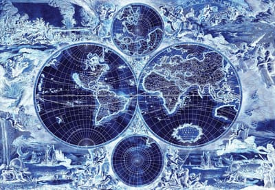 Fotobehang World Map Vintage Blue | XL - 208cm x 146cm | 130g/m2 Vlies