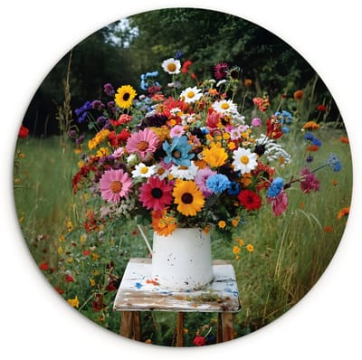 WallCircle® Wandcirkel 120x120 cm - Muurcirkel Bloemen - Krukje - Gieter - Veld - Muurdecoratie woonkamer - Wanddecoratie slaapkamer - Kamer decoratie accessoires - Ronde schilderijen XXL