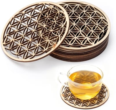 Set van 10 ronde handgemaakte houten onderzetters met spiritueel bloemenmotief, hittebestendig en decoratief voor kopjes en tafels