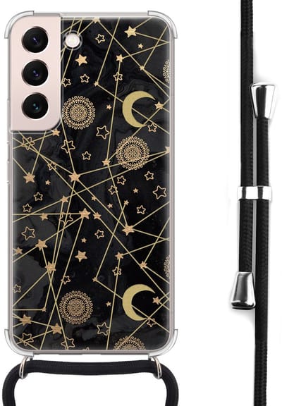 Hoesje met koord - Geschikt voor Samsung Galaxy S22 - Sterren, zon, maan - Verstelbaar zwart koord - Crossbody - Sterren - Zwart, Transparant - Leuke Telefoonhoesjes