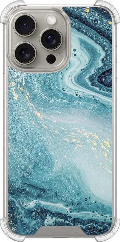 Shockproof hoesje - Geschikt voor iPhone 15 Pro Max - Marmer blauw - Extra sterke case - TPU/polycarbonaat - Marmer - Blauw, Transparant