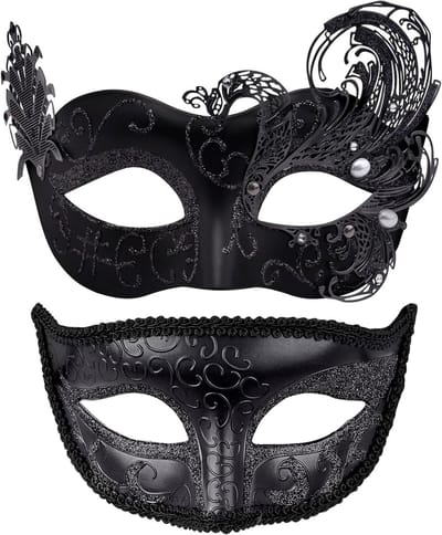 Set van 2 Venetiaanse Maskers voor Mannen en Vrouwen - Perfect voor Halloween en Carnaval Feesten, Zwart