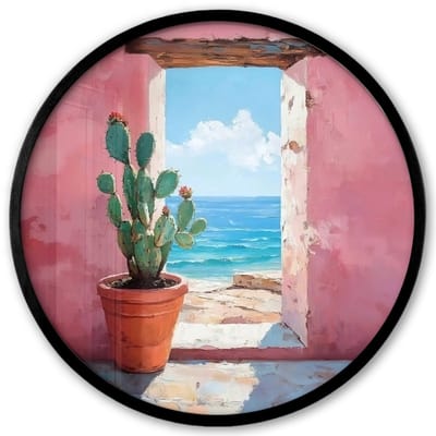 Poster in lijst Rond - Fotolijst 40x40 cm - Posters - Zee - Roze - Cactus - Ronde posterlijst zwart - Decoratie - Wanddecoratie woonkamer - Muurdecoratie slaapkamer