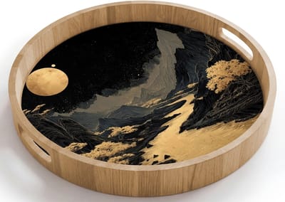 Dienblad rond 40x40 cm - Schootdienblad hout - Gouden rivier - Bergen - Maan - Sterrenhemel - Borrelplank rechthoek - Plateau houten dienbladen