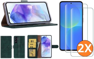 Hoesje geschikt voor Samsung Galaxy A37 5G hoesje Groen pasjeshouder telefoon hoes - Met screenprotector tempered glass voor Galaxy A37 5G - 2x