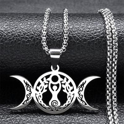 Collier Lune Triple Déesse Luna Sorcière pour Femmes Hommes Acier Inoxydable Argenté Amulette Chaîne Hécate Bijoux Collier N9736S02 gray