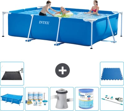 Intex Rechthoekig Frame Zwembad - 300 x 200 x 75 cm - Blauw - Inclusief Solarzeil - Onderhoudspakket - Zwembadfilterpomp - Filter - Stofzuiger - Solar Mat - Vloertegels - 8-delig