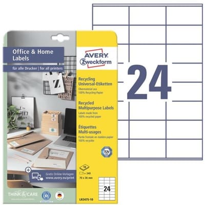 Avery® Zweckform Etiketten LR3475-10, A4, universeel, permanente kleefstof, printer-veilig, gerecycled papier, rechthoekig, natuurlijk wit, 240 stuks op 10 vel
