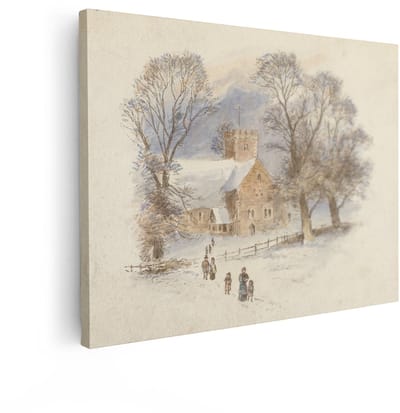 Artaza Canvas Schilderij Winterlandschap - 120x90 cm - Wanddecoratie Kerk In Sneeuw - Muurdecoratie Vintage - Decoratie Woonkamer