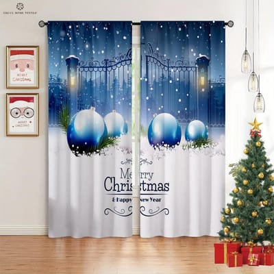 Cartoon Kerst Sneeuwpop Kerstman Print Raamgordijn, Slaapkamer, Woonkamer, Nieuwjaarsdecoratie, Vakantiecadeau, 2 stuks W50xH130(CM)x2PCS&Grommet Top gray