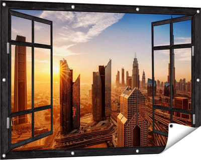 Gards Tuinposter Doorkijk Dubai Stad bij Zonsopgang - 120x80 cm - Tuindoek - Tuindecoratie - Wanddecoratie buiten - Tuinschilderij