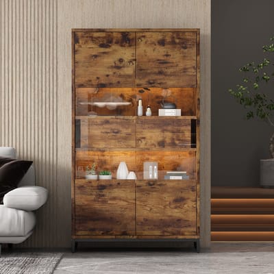 MODFU - Vitrinekast - LED-Verlichting En 2 Lades - Retro En Modern - MDF - Zwart En Houtlook - 80 x 40 x 138 cm