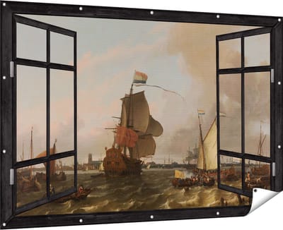 Gards Tuinposter Doorkijk Het Oorlogsschip Brielle op de Maas voor Rotterdam - Ludolf Bakhuysen - 180x120 cm - Tuindoek - Tuindecoratie - Wanddecoratie buiten - Tuinschilderij