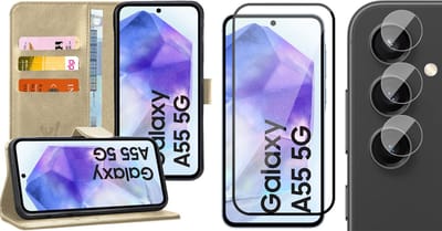 Hoesje geschikt voor Samsung Galaxy A55 - Screenprotector Volledig Dekkend Glas & Camera - Portemonnee Book Case Goud