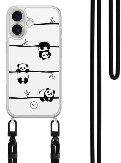 Hoesje met koord geschikt voor iPhone 16 - Panda - Inclusief zwart koord - Crossbody beschermhoes - Transparant, Zwart, Wit - Mooie Telefoonhoesjes