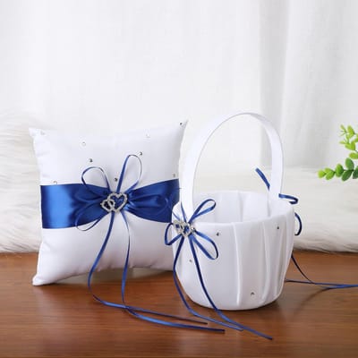 Bruiloft Set - Bloem Mand Kussen - Ceremonie Decoratie - Satijnen Strik Detail - 20x20cm Kussen - Blauw