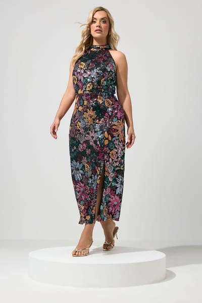 Yours London Oranje En Roze Maxijurk Met Bloemenprint En Pailletten Size 42
