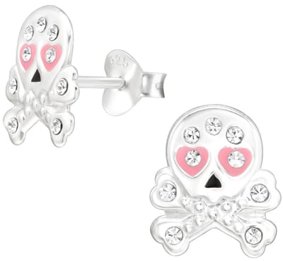 Joy|S - Zilveren skull oorbellen - doodskop - 8 x 10 mm - roze hartjes oogjes - kristal - halloween oorbellen